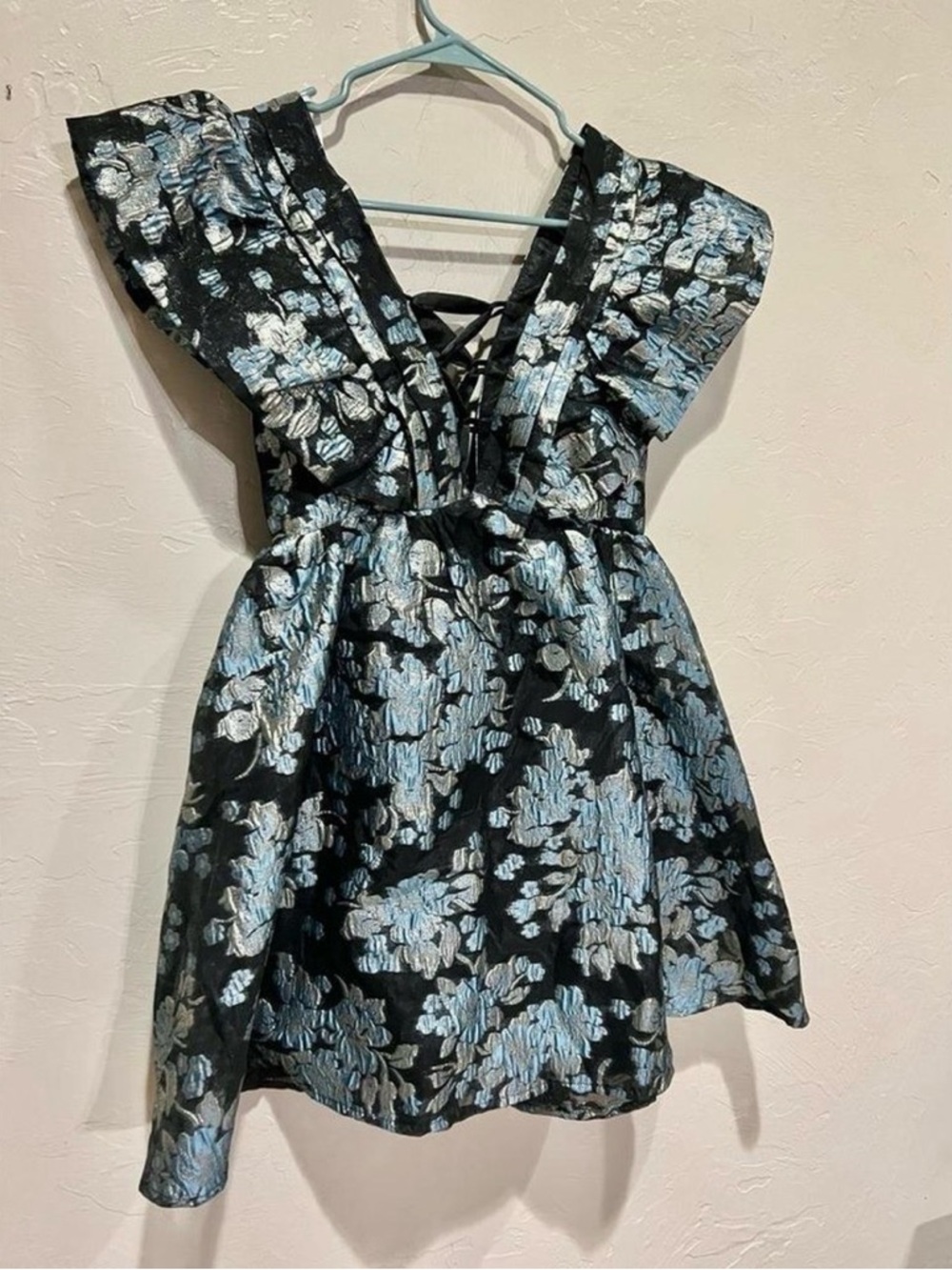 Lulu's Black & Light Blue Floral Jacquard Party Dress